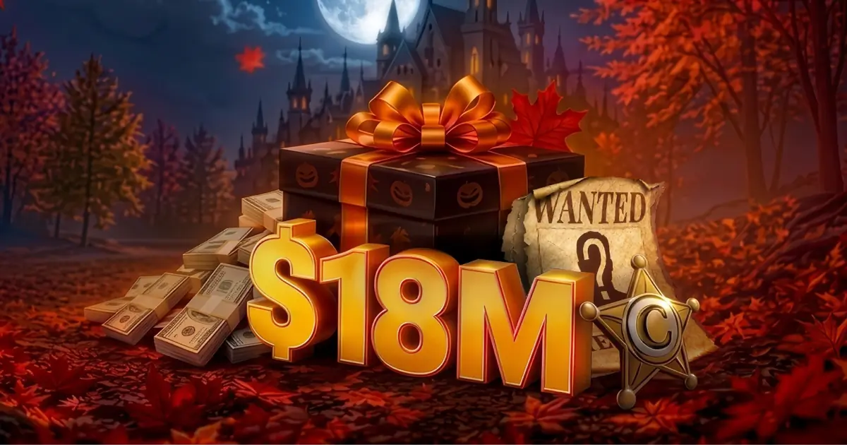 $18M in gold lettering beside a gift box and a wanted poster in an autumn forest