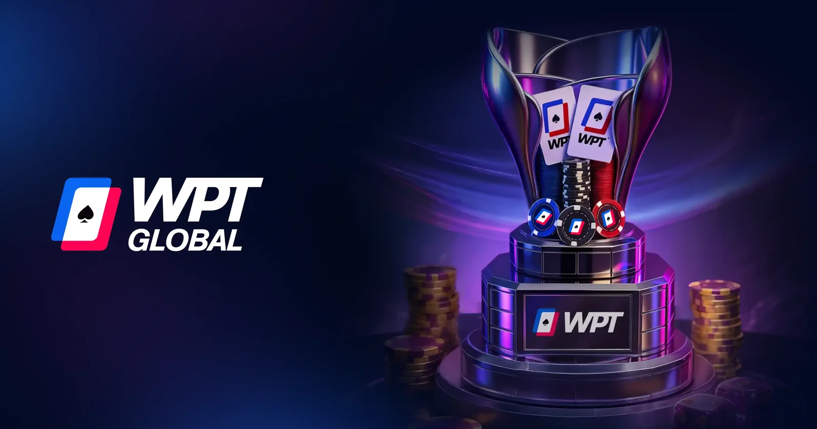 WPT trophy filled with WPT Global chips beside the WPT Global logo